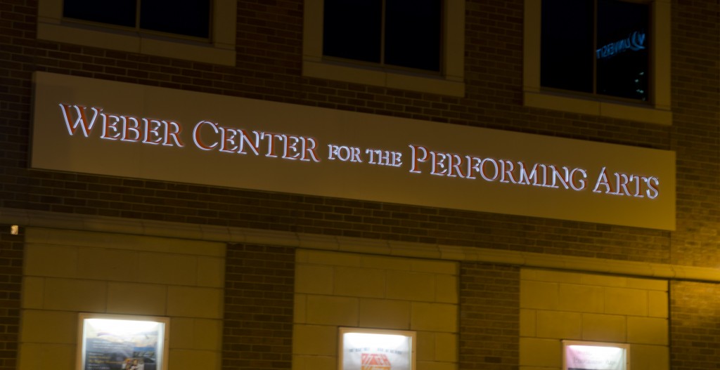 Night time exterior view of Weber Center